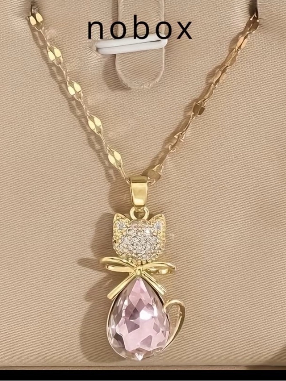 Gold Cat Pendant Necklace with Pink Teardrop Crystal 15 inch’s - Picture 5 of 10